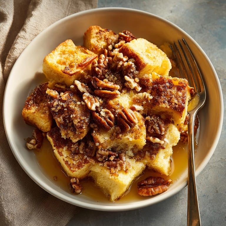Warm Maple-Pecan Overnight French Toast Bake at brunch table, ready to serve with extra syrup.