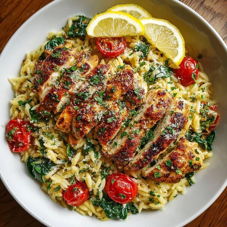 One-pan Lemon Herb Chicken Orzo Skillet featuring tender chicken, zesty lemon, and sautéed veggies