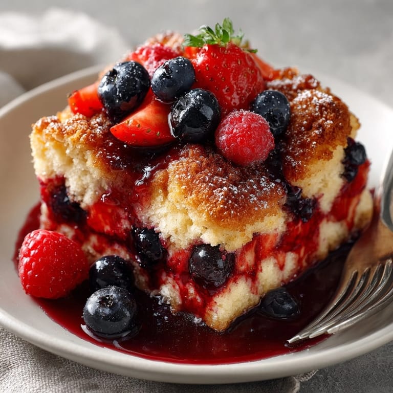 A serving of Red, White, & Blueberry Cobbler topped with vanilla ice cream for a patriotic dessert