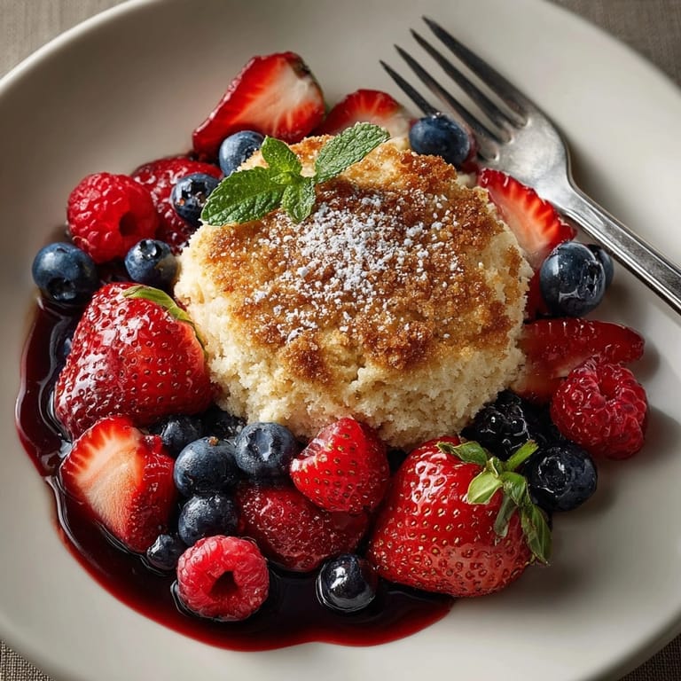 Close-up of Red, White, & Blueberry Cobbler showing vibrant fruit filling and buttery biscuit topping