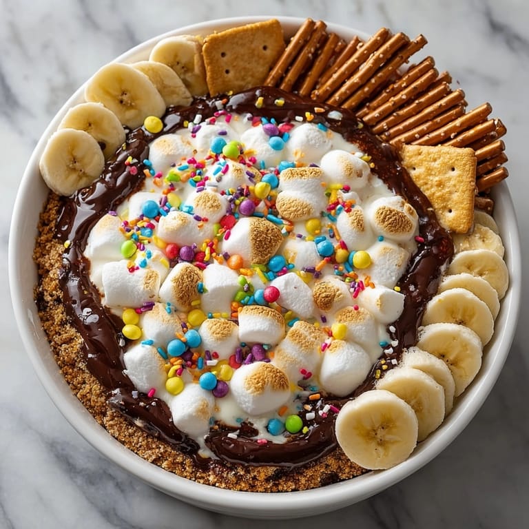 Warm Firework S’mores Dip surrounded by graham crackers and pretzels, perfect for summer dessert parties.