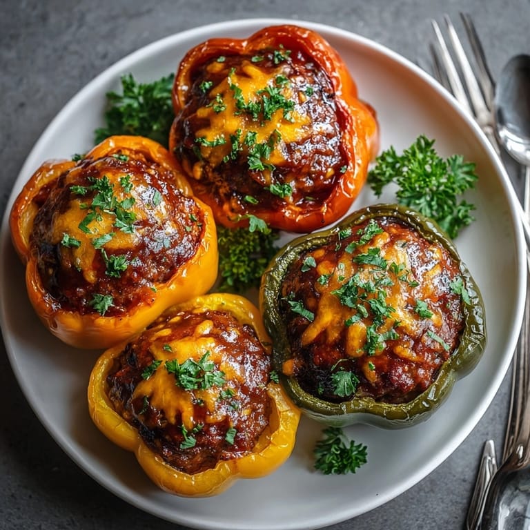 Oven-roasted Smoky BBQ Meatloaf Stuffed Peppers plated for dinner, comfort food main dish.