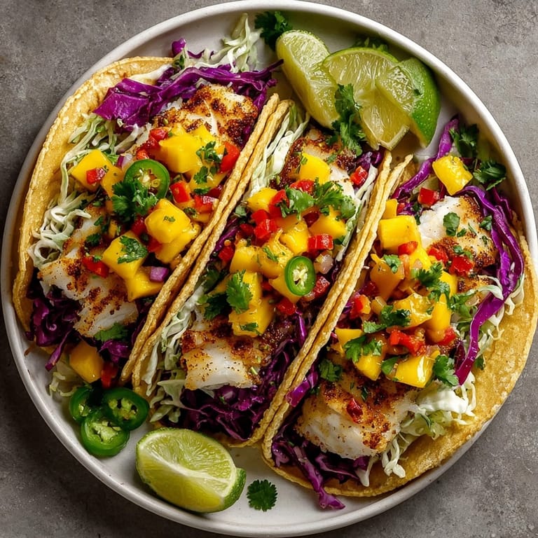 Colorful Grilled Fish Tacos with Mango Salsa garnished with cilantro, cabbage, and lime wedges.