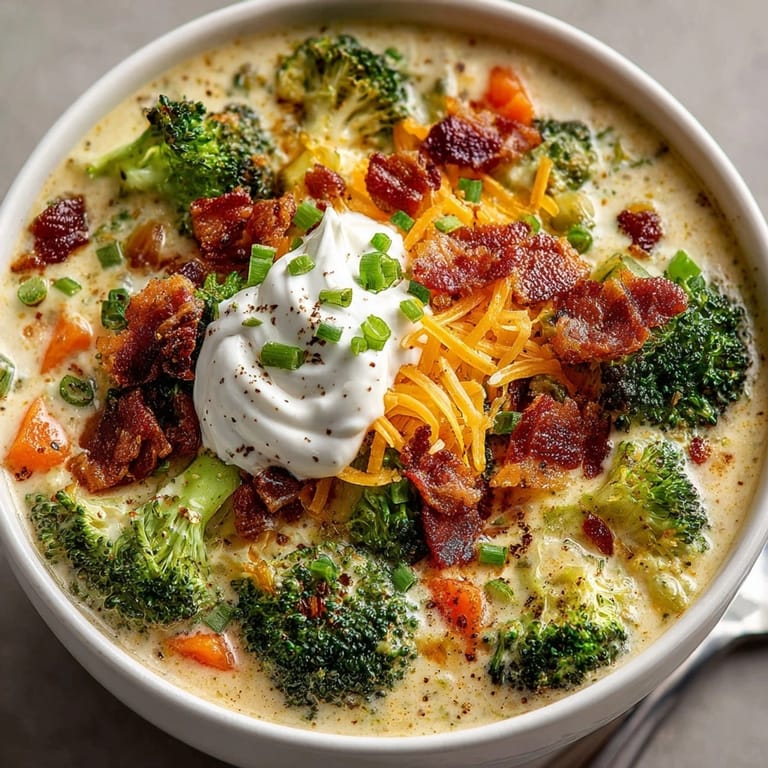 Steaming bowl of loaded broccoli cheddar soup with melty cheese and hearty chunks of vegetables.