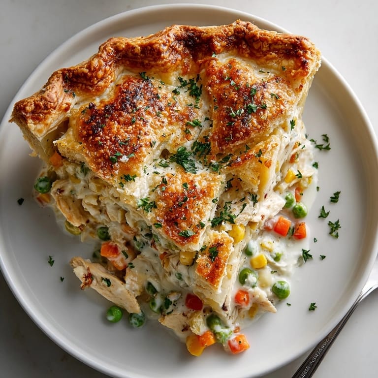 Hearty buttermilk ranch chicken pot pie plated with bubbling sauce and crispy oven-browned crust