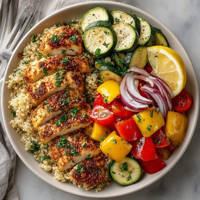 Warm Zesty Chicken & Quinoa Sheet Pan Lunches served with lemon wedges for a wholesome lunch