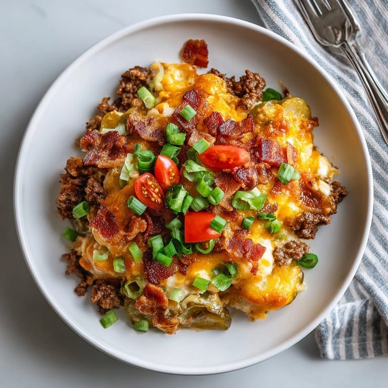 Creamy, cheesy Pickle Fix Bacon Cheeseburger Casserole served hot with vibrant toppings and sizzling beef layers.