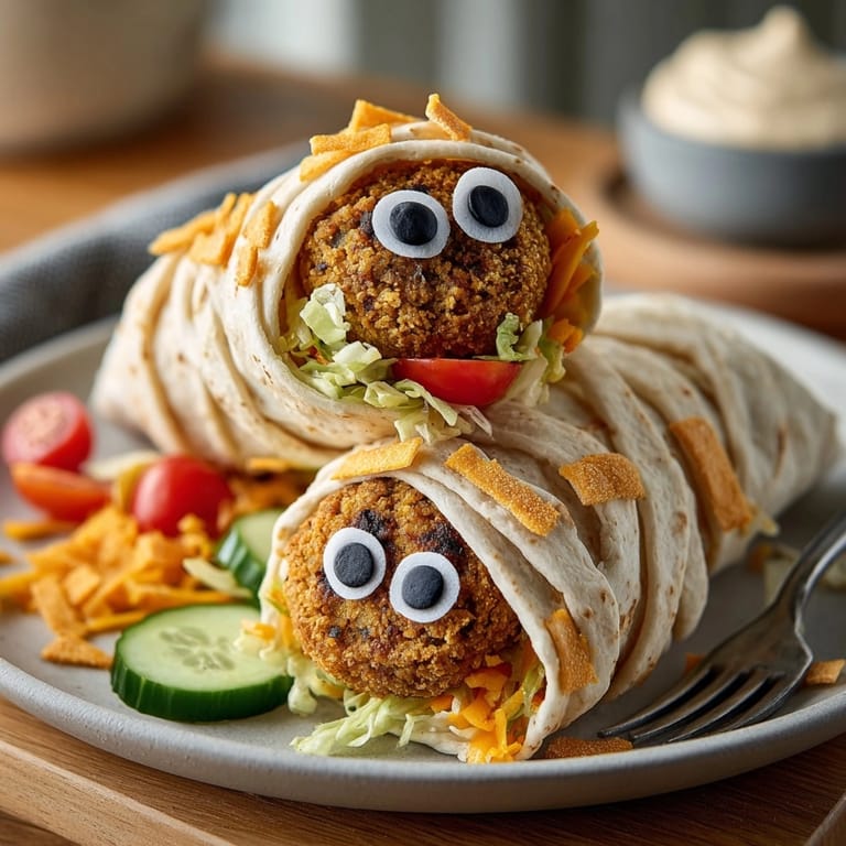 Delicious Mummy Falafel Wraps; fresh veggies, falafel "mummies", ready for a playful lunch.