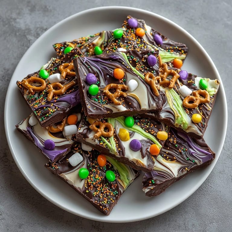 Homemade Melted Witch Chocolate Bark recipe: colorful marbled chocolate with witchy decorations.