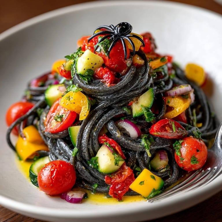A bowlful of Creepy Crawly Pasta Salad features spooky olive spiders and vibrant fresh vegetables.