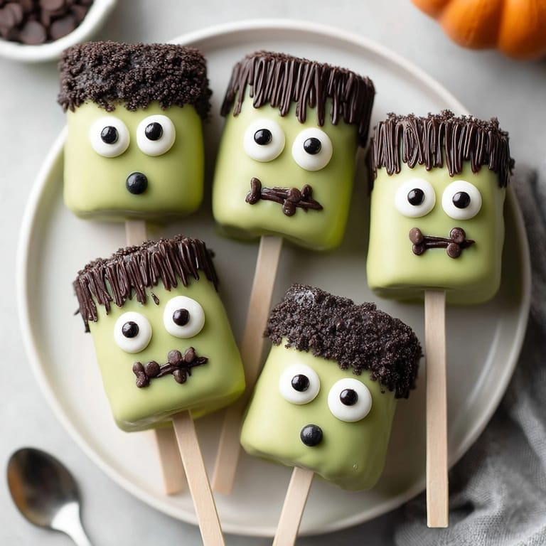 Delicious, creepy-cute Frankenstein Marshmallow Pops: dipped in green candy, complete with candy eyes!