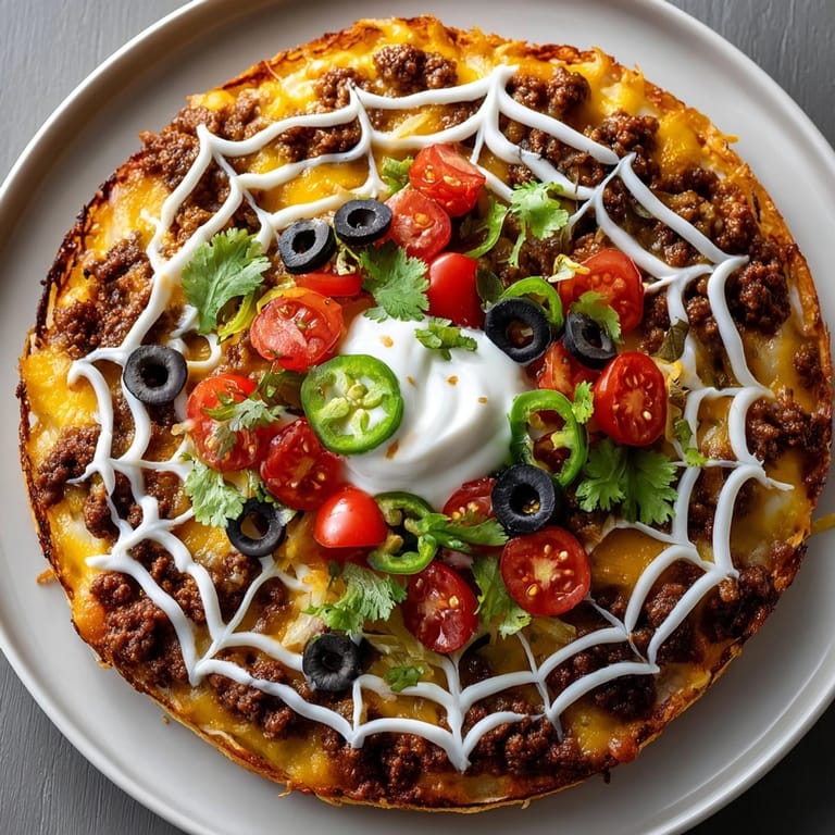 Homemade Spiderweb Taco Pizza, perfect for spooky nights, with beef, cheese, and web design.