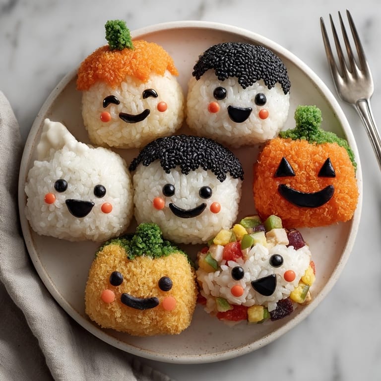 Halloween Stuffed Rice Balls: Japanese rice snack, filled, shaped, and adorned with nori faces.