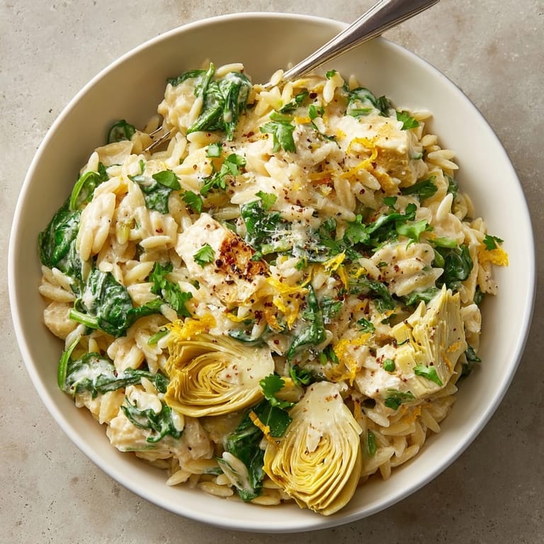 Golden-brown Spinach Artichoke Orzo, a flavorful vegetarian dish with lemon zest.