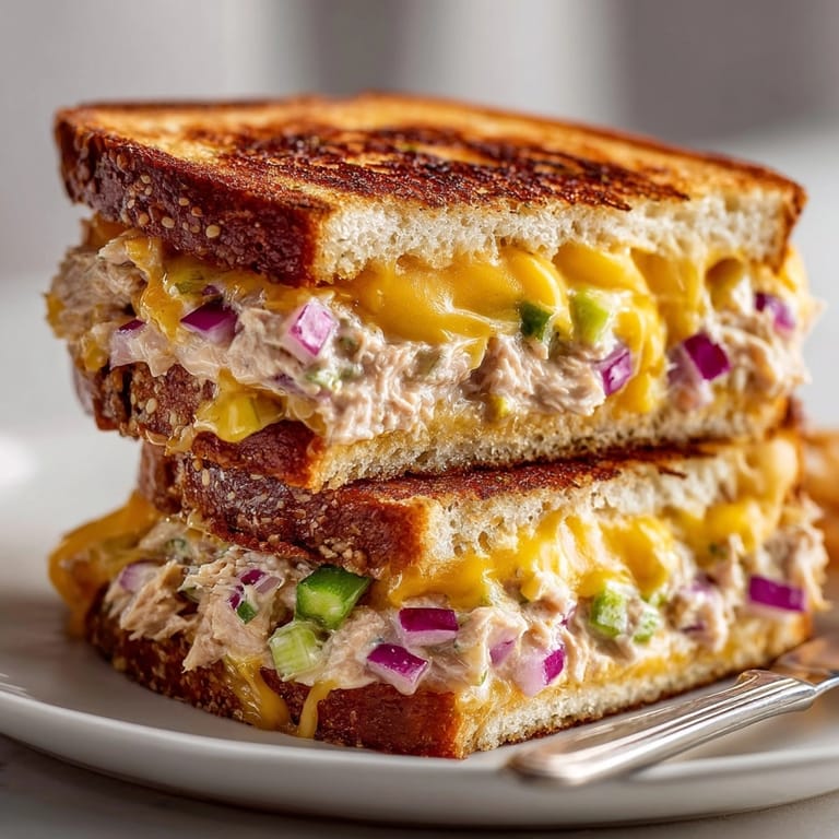 Classic Tuna Melt Grilled Cheese boasts crispy sourdough, melty cheese, and flaky tuna.