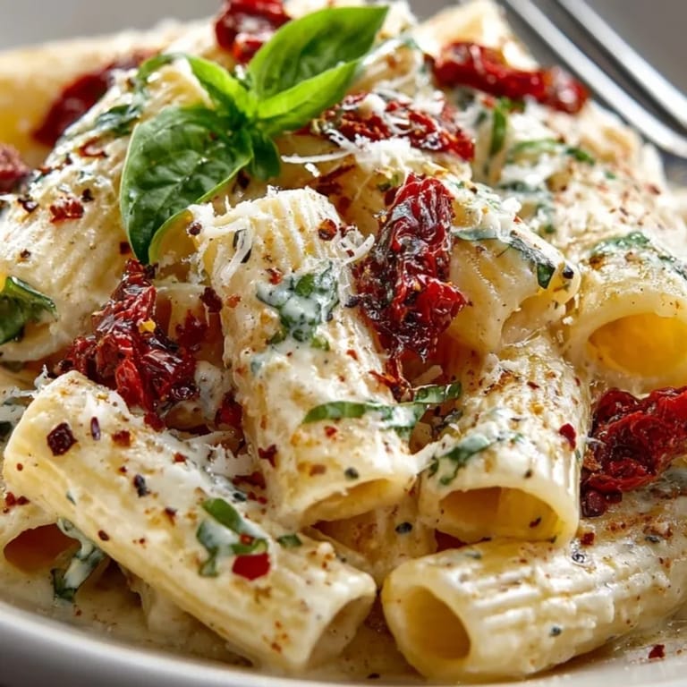 Delicious Marry Me Pasta with basil garnish, plated and ready to be savored.