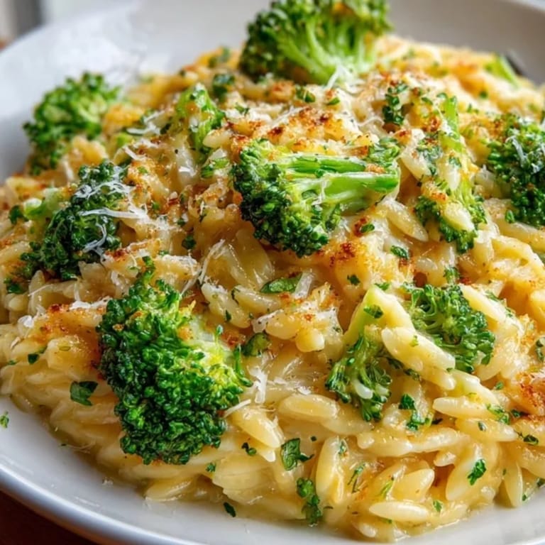Close-up of cheesy Broccoli Cheddar Orzo served hot, ready for a simple, delicious meal.