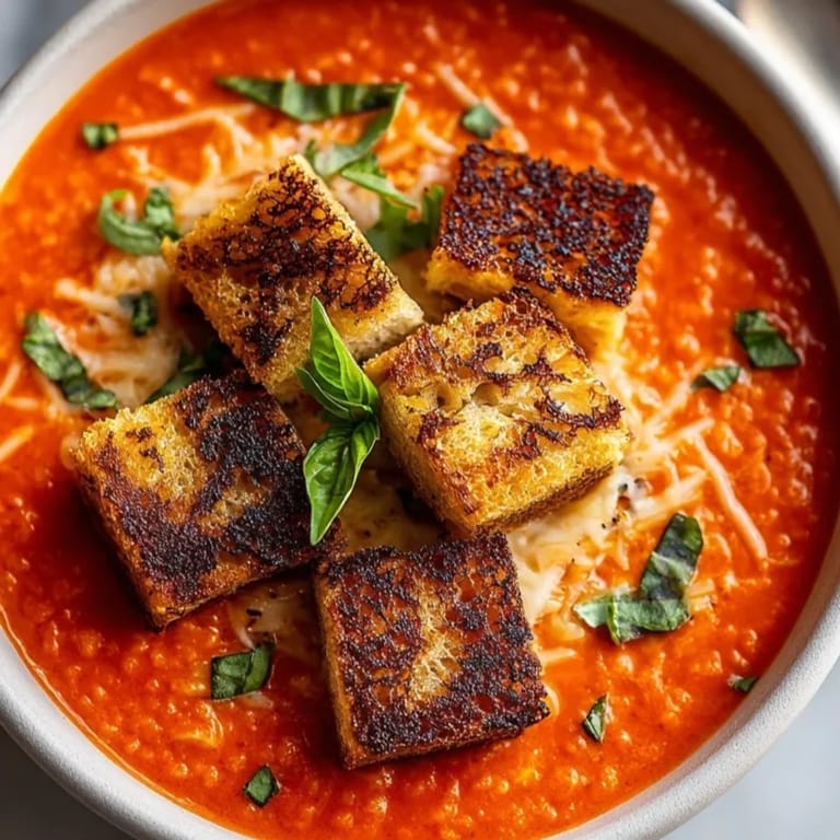 Close-up of Tomato Soup Orzo showcasing cheesy, golden croutons and fresh basil garnish.
