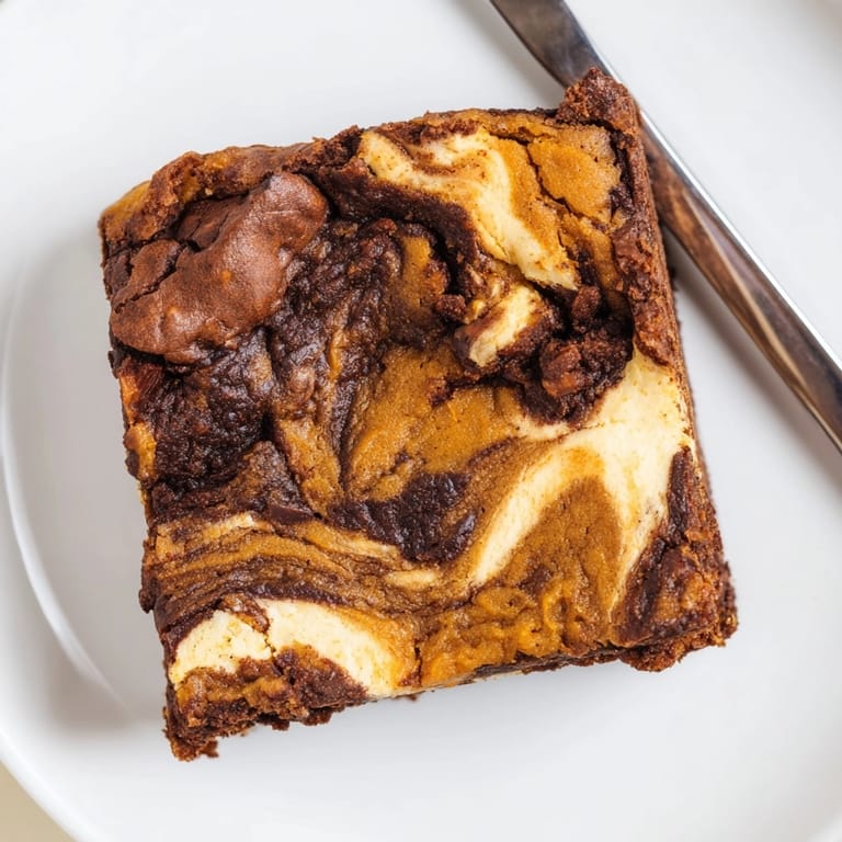 Golden Pumpkin Pie Swirl Brownies baking in a square pan, autumnal dessert treat.