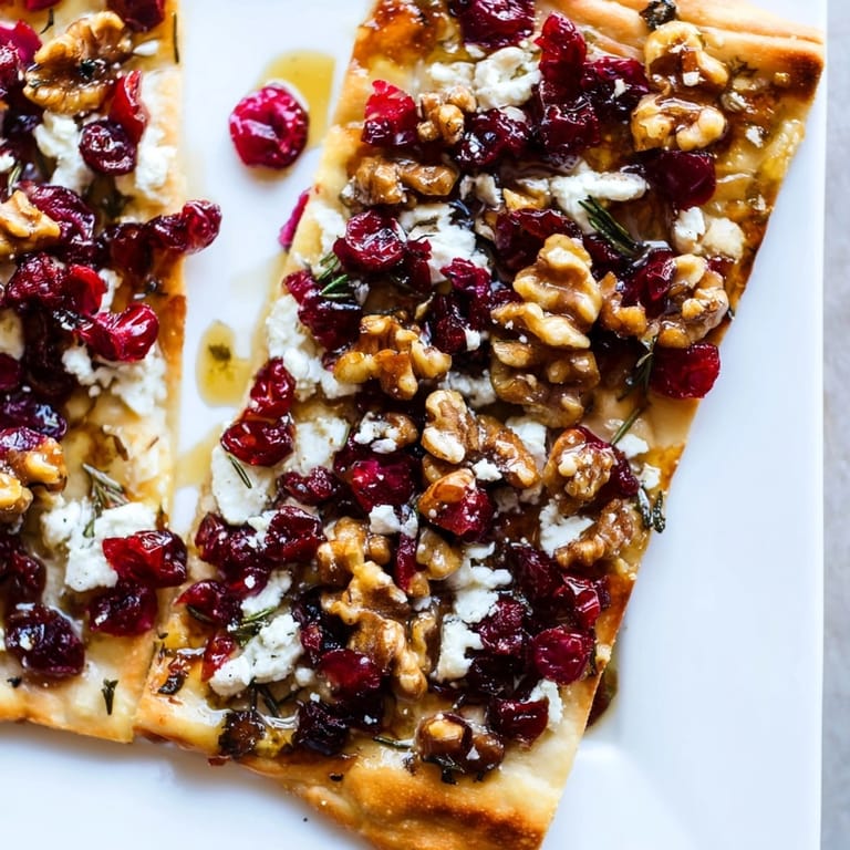 Overhead view of sliced Cranberry Walnut Flatbread, a tasty appetizer, ready to be served.