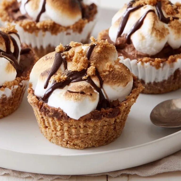 Golden-brown toasted marshmallow tops individual S'mores Cheesecake Cups, a delightful campfire-inspired dessert.
