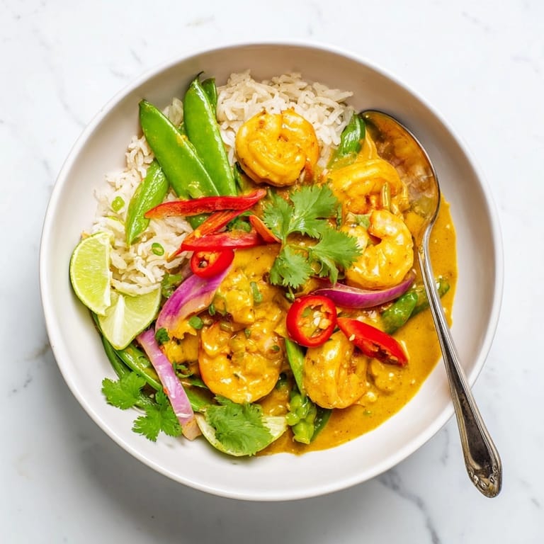 A bowl of Shrimp Coconut Curry with bright red peppers, garnished with fresh cilantro.