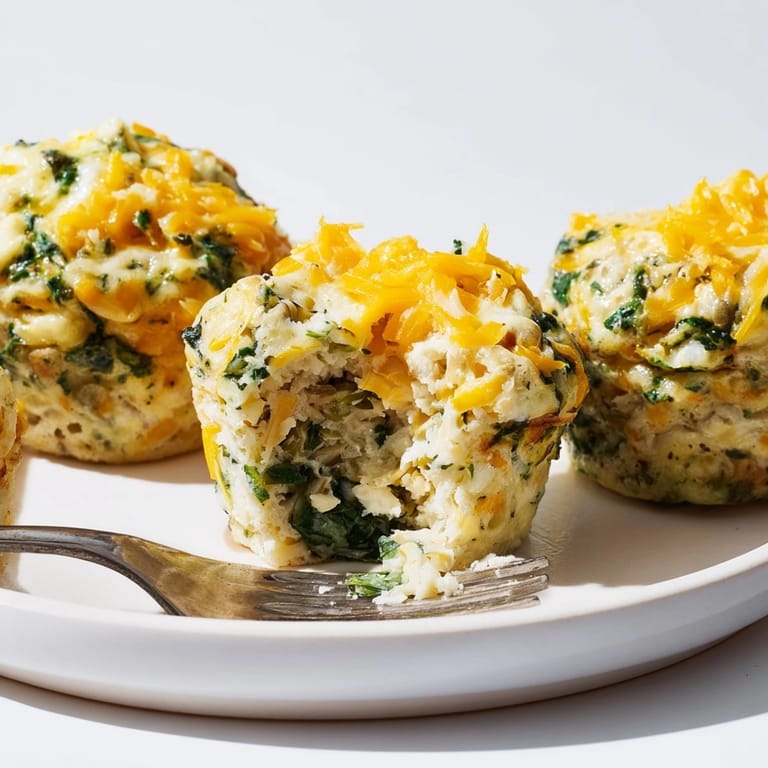 Close-up of warm Cheesy Ricotta Spinach Egg Muffins, showcasing their fluffy texture and cheesy topping.