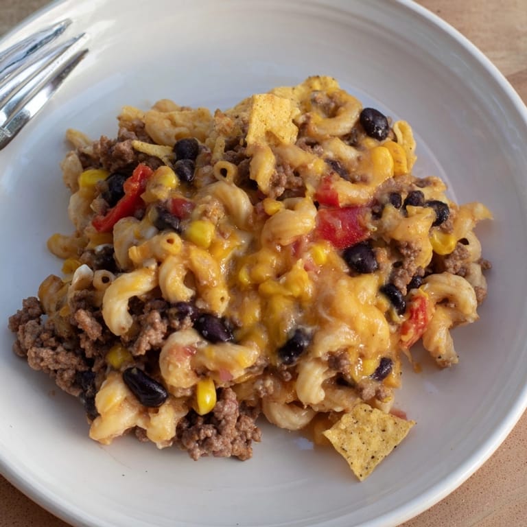 Hearty _Mac and Cheese Taco Casserole_ ready to serve, topped with melted cheese and crushed chips.