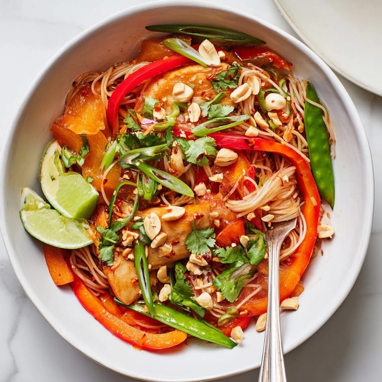 Sweet and spicy Thai Chili Chicken Noodle Bowls, ready to serve with lime wedges.