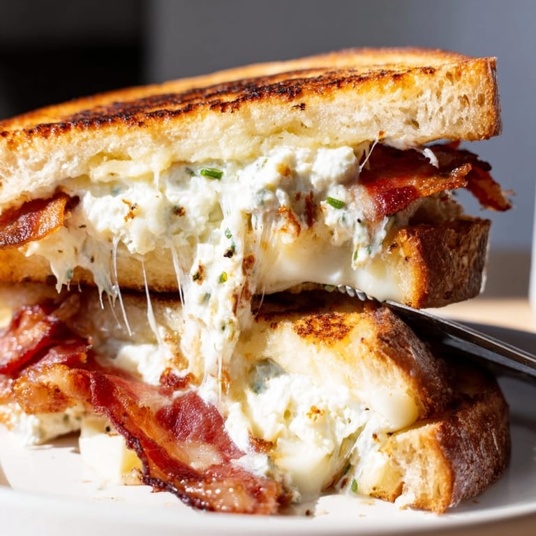 Hot Ricotta Bacon Breakfast Grilled Cheese: Buttery bread toasted, ricotta beautifully creamy.