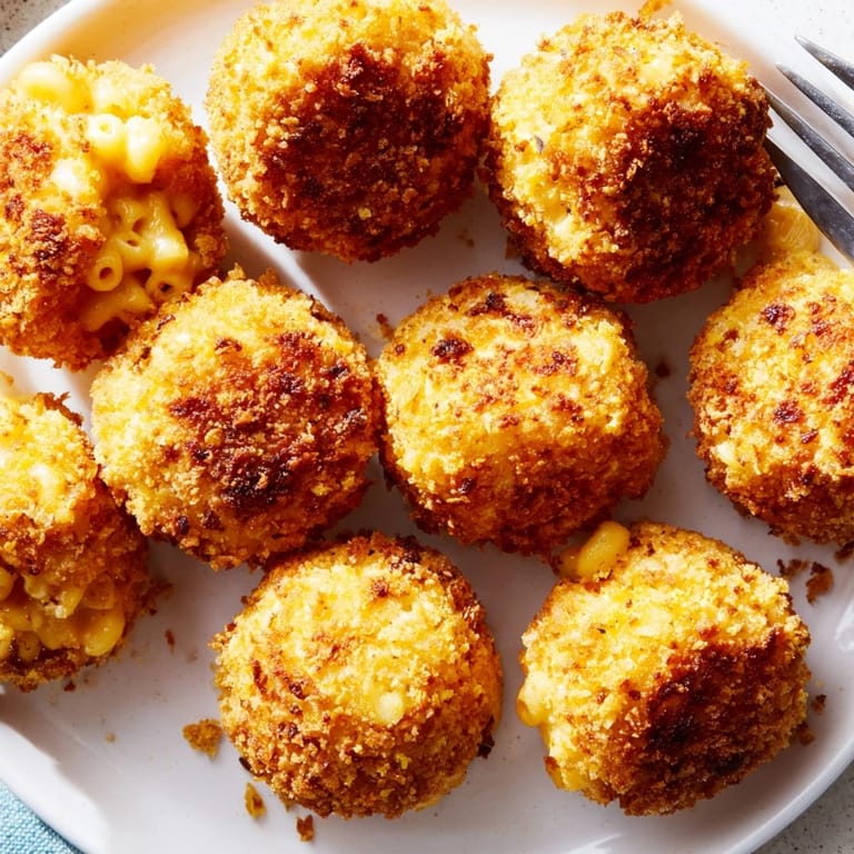 Close-up of a Cheesy Mac and Cheese Rice Ball, oozing with melted cheddar.