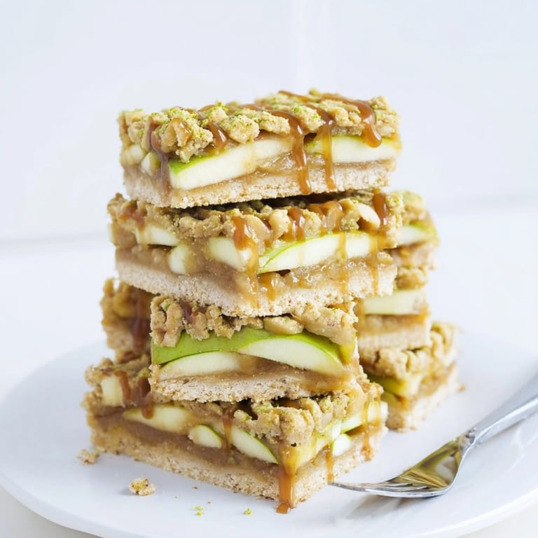 Earthy Matcha Caramel Apple Bars: A close-up showcasing layers of apple, caramel, and crumb.