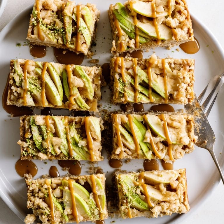 Homemade Matcha Caramel Apple Bars with a matcha dusting, perfect for a dessert spread.
