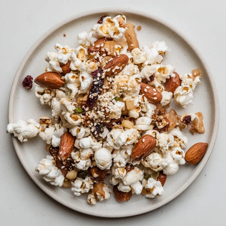Homemade Holiday Snack Mix: Sesame Popcorn and Miso Almonds, festive, umami-packed snack bites.
