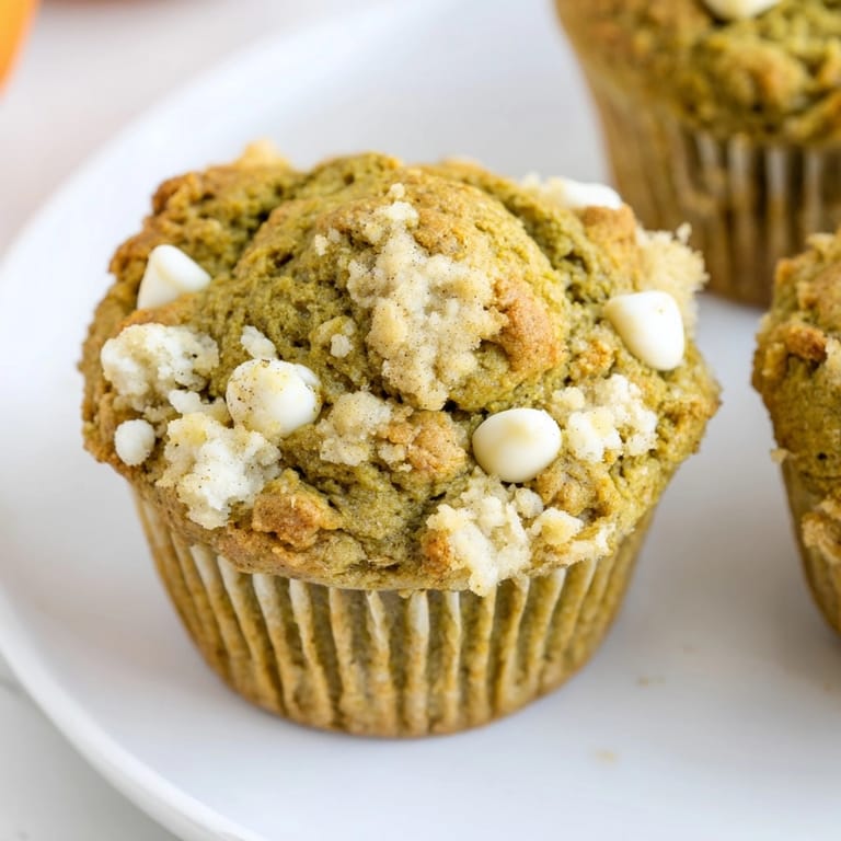 Warm, freshly baked Matcha White Chocolate Pumpkin Muffins, ready for a fall brunch.