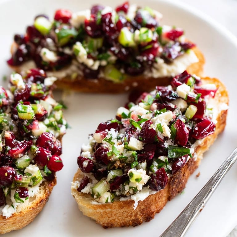 Festive Cranberry Jalape&#xF1;o Tapenade Crostini arranged on a platter, perfect for holiday appetizers.