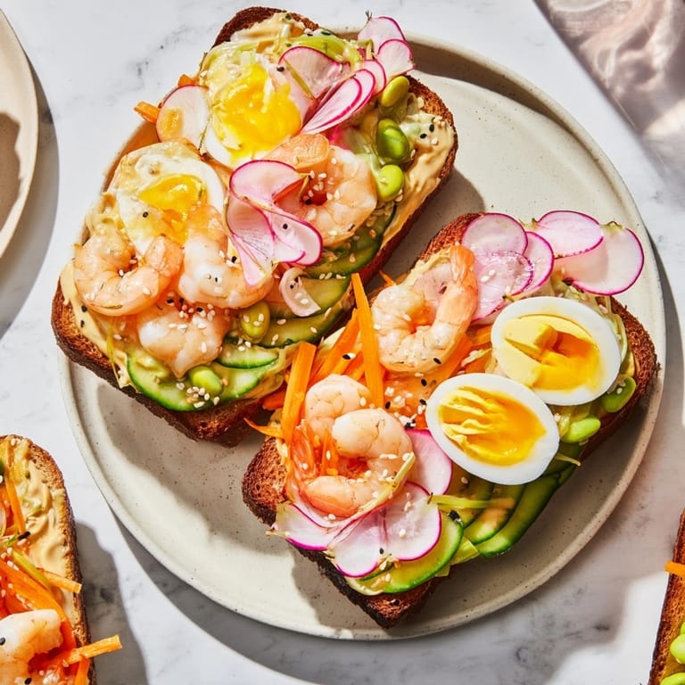 Close-up of Japanese Bento Open-Face Sandwiches; creamy avocado and sliced egg shine.