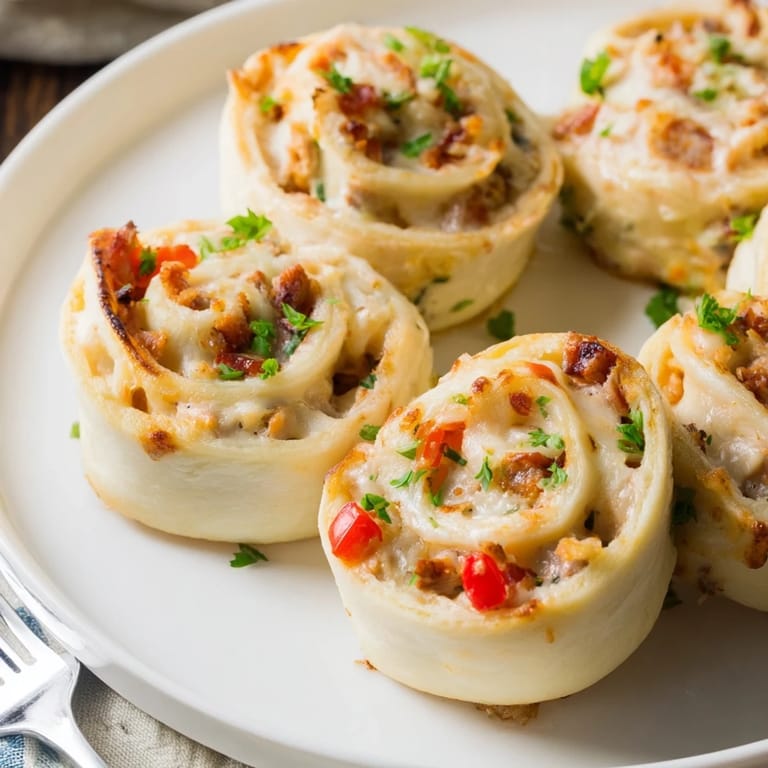 Warm and cheesy Cajun Chicken Alfredo Pizza Rolls, perfect for game day snacks or gatherings.