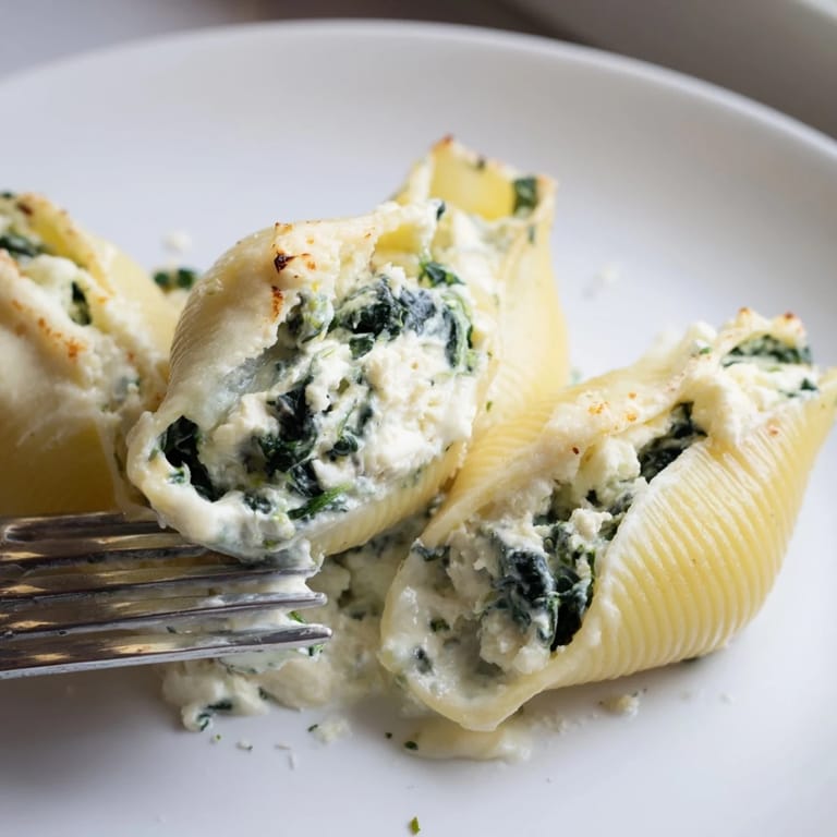 Baked jumbo pasta shells stuffed with rich ricotta and spinach in Alfredo sauce.  