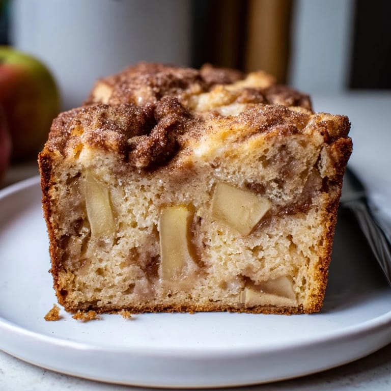 Freshly baked Ricotta Apple Cinnamon Bread with diced apples and rich creamy texture.  