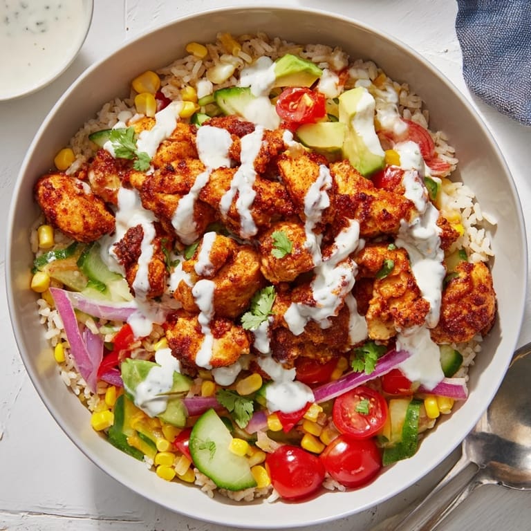 Flavorful Cajun chicken served over fluffy rice, drizzled with zesty ranch dressing.  