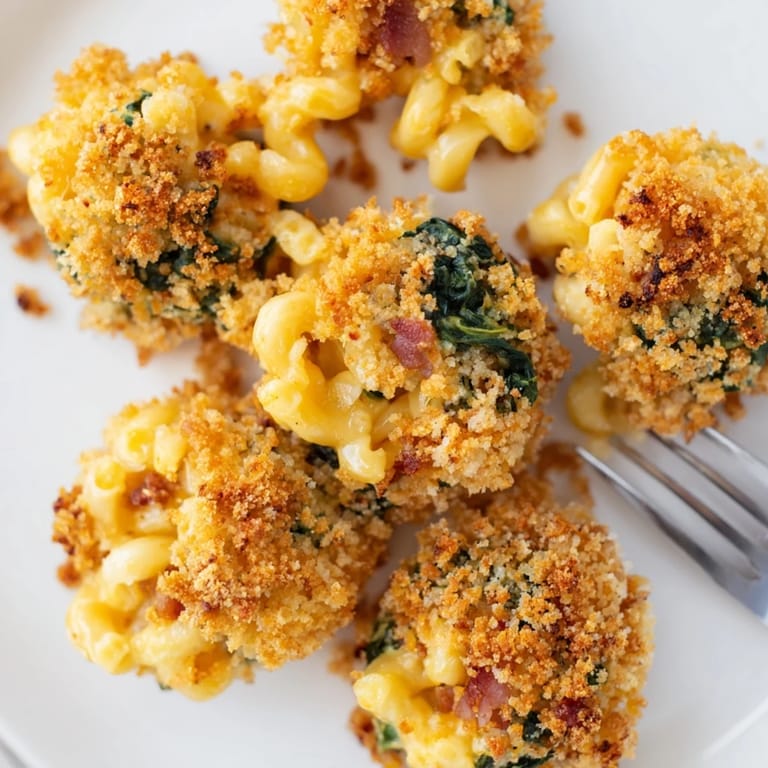 Golden brown Mac and Cheese Bacon Spinach Poppers bursting with cheesy, savory flavor.