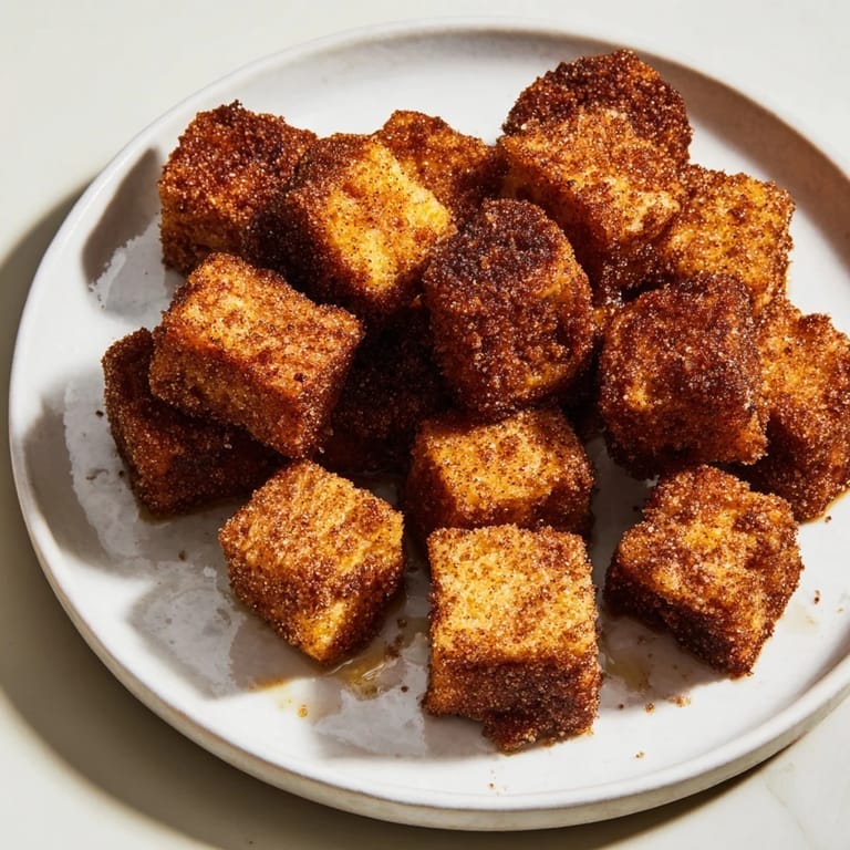 Golden-brown bite-sized French toast bites, dusted with cinnamon sugar for delightful sweetness.  