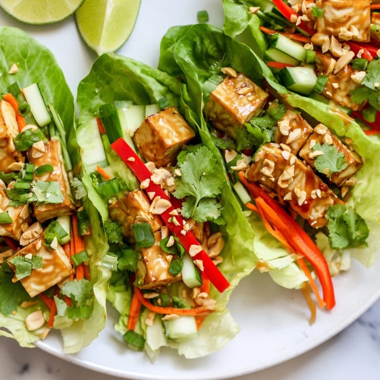 Colorful and crunchy Thai Peanut Tofu Lettuce Wraps with vibrant vegetables and peanuts.  