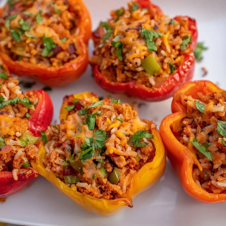 Savory mini sweet peppers filled with spicy turkey and brown rice, bursting with flavor.  