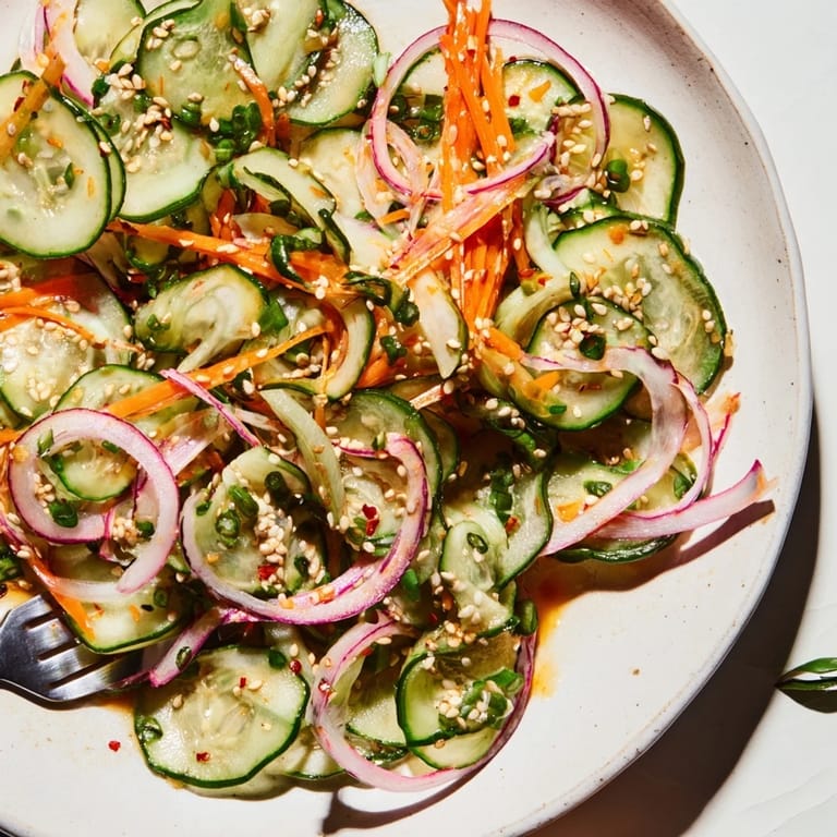 Refreshing cucumber salad remix drizzled with sesame oil and garnished with seeds.  