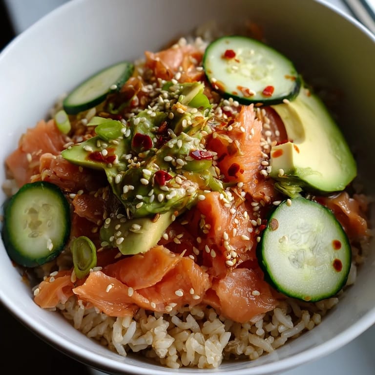 Colorful leftover salmon and rice bowl drizzled with soy sauce and sesame oil.  