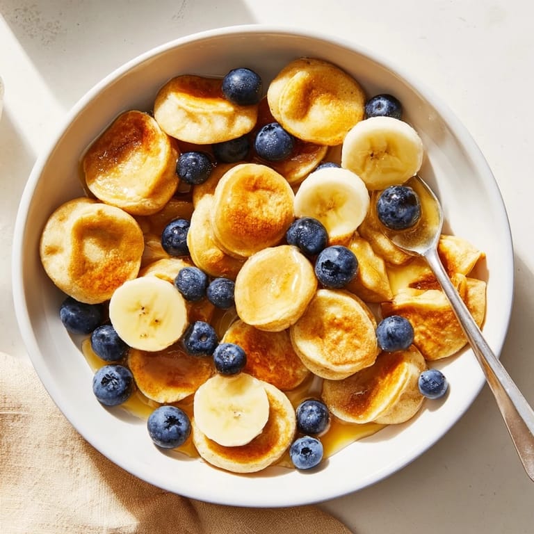 Delicious Mini Pancake Cereal topped with milk, perfect for a fun breakfast treat.