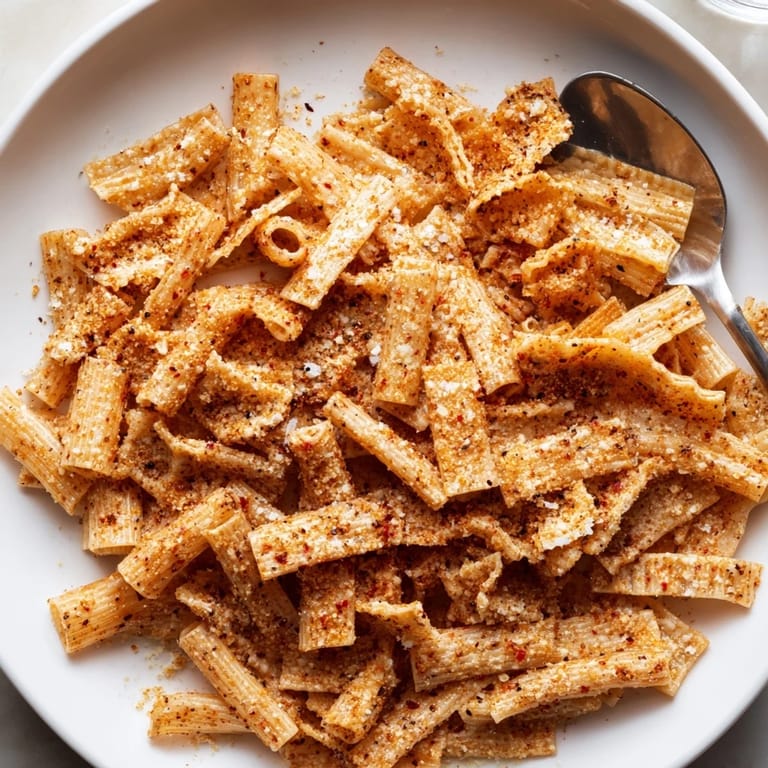 Baked pasta chips seasoned to perfection, delivering a crunchy and flavorful snack experience.  