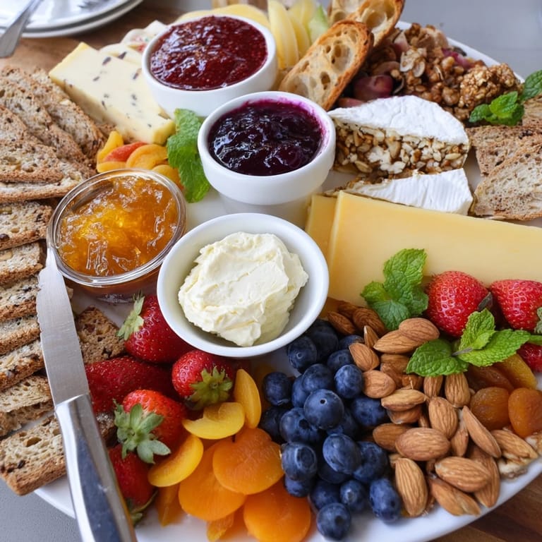 Colorful assortment of jams, fresh fruits, and assorted cheeses for brunch.  